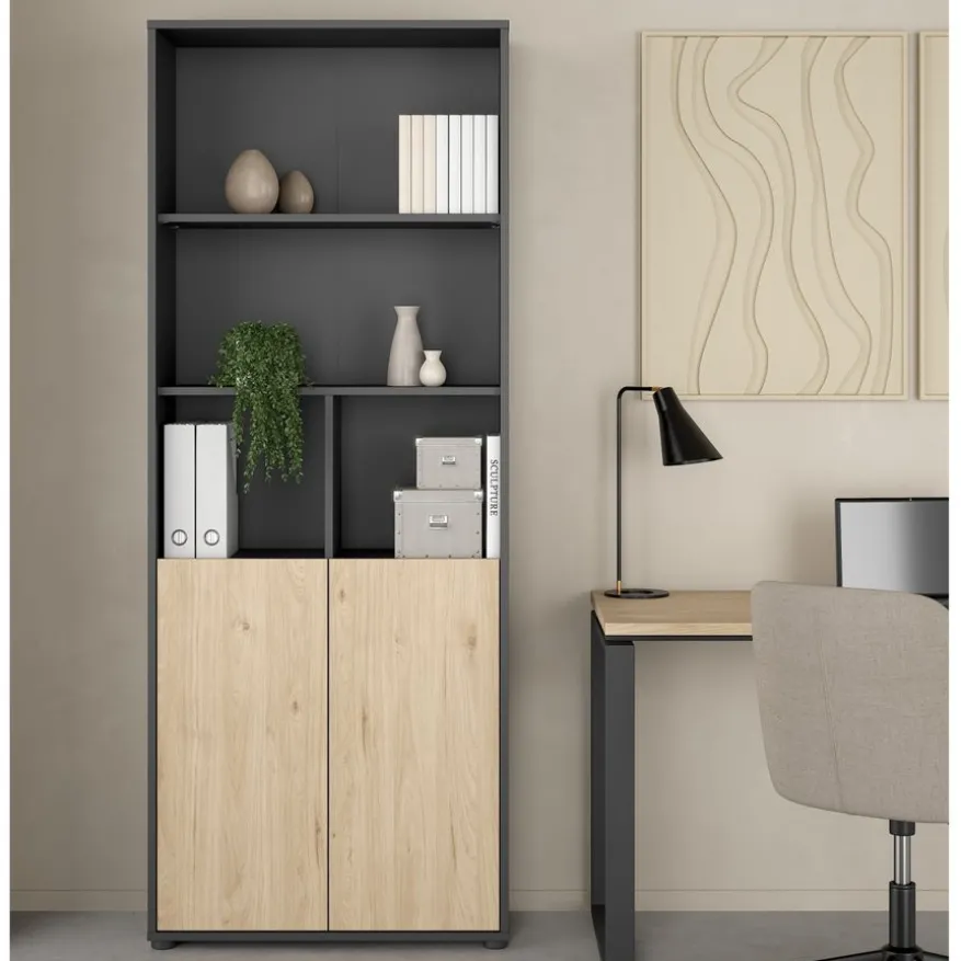 Boekenkast Bram Donkergrijs / Eiken - 80x205x35 cm