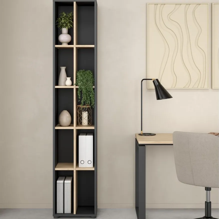 Boekenkast Bram Donkergrijs / Eiken - 41x205x35 cm