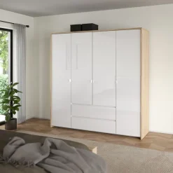 Kledingkast Atlanta Eiken / Hoogglans Wit - 197x202x58 cm