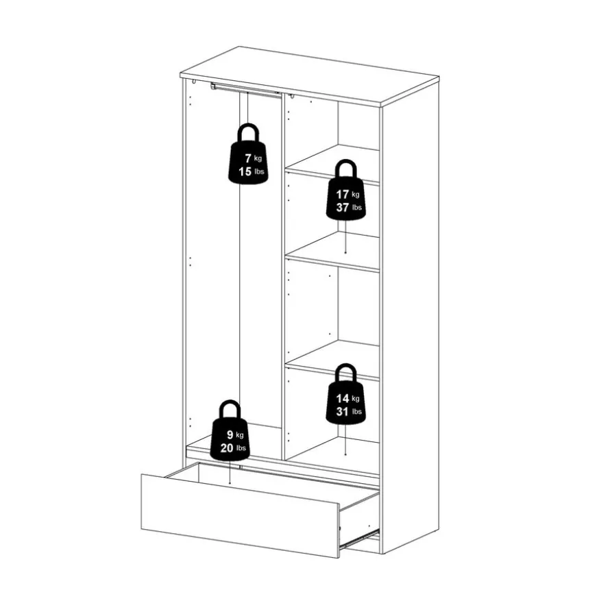 Kledingkast Luna Hoogglans Wit - 99x201x50 cm