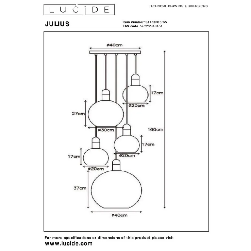 Lucide Hanglamp Julius Zwart - 5 x E27 - Ø 50 cm