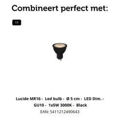 Lucide Wandlamp Clubs Zwart - GU10 - 16 cm hoog