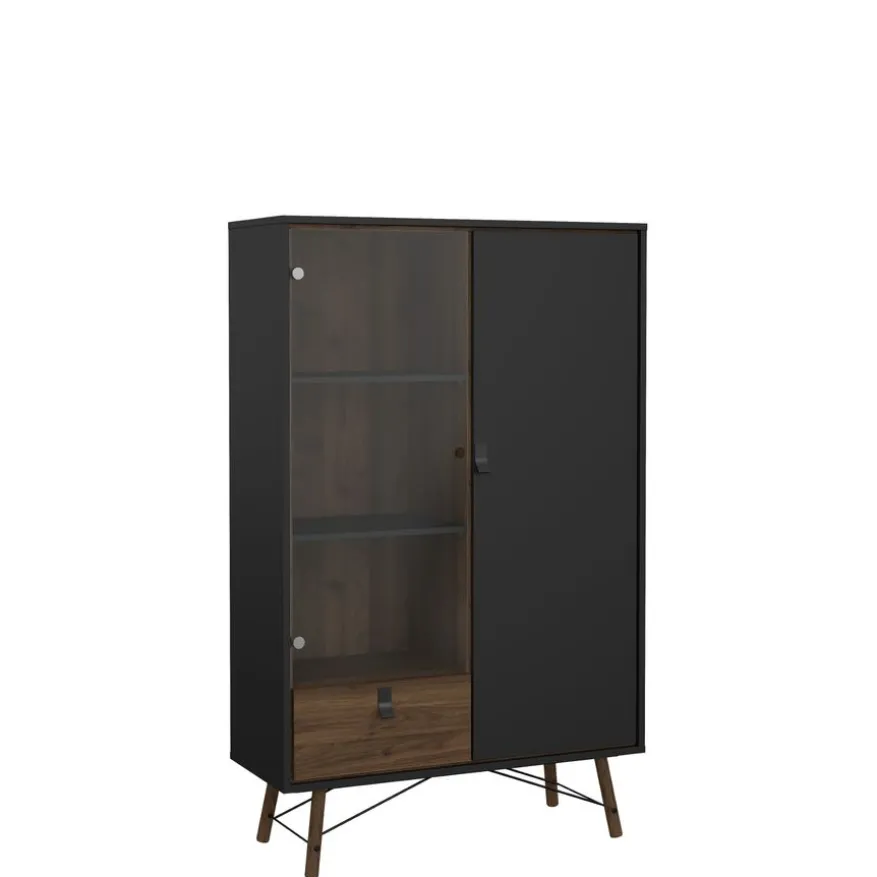 Vitrinekast Denver Zwart / Walnoot - 102x162x40 cm