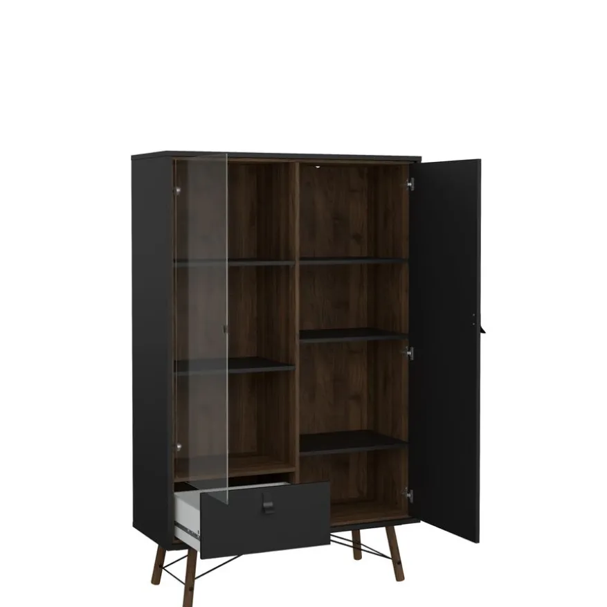 Vitrinekast Denver Zwart / Walnoot - 102x162x40 cm
