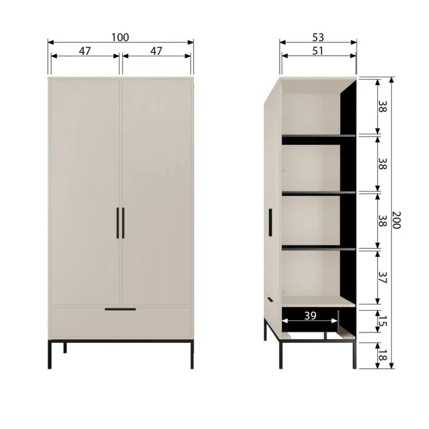 WOOOD Kledingkast Adam Dust - 100x200x53 cm