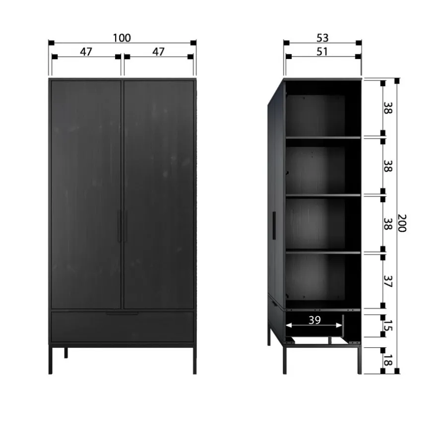 WOOOD Kledingkast Adam Zwart - 100x200x53 cm