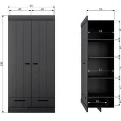 WOOOD Kledingkast Connect Zwart - 94x195x53 cm