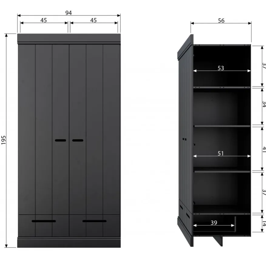 WOOOD Kledingkast Connect Zwart - 94x195x53 cm